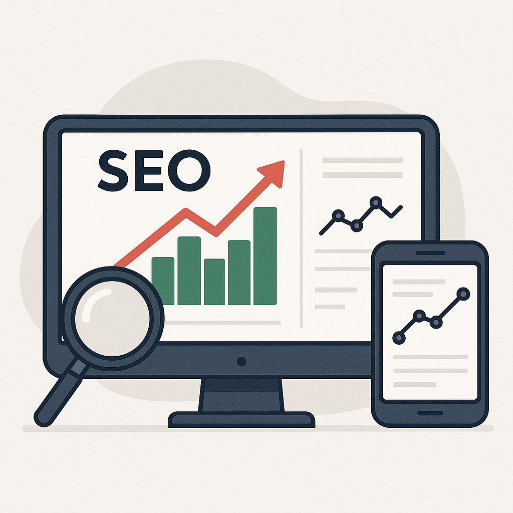 Illustration showing SEO graphs and magnifying glass