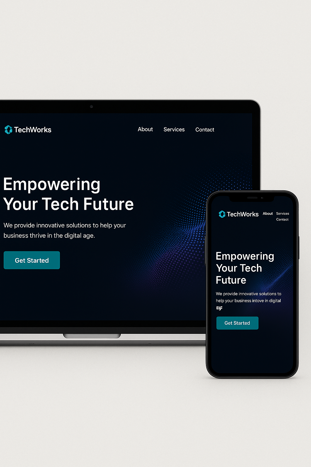 Tech startup website mockup with dark themed design