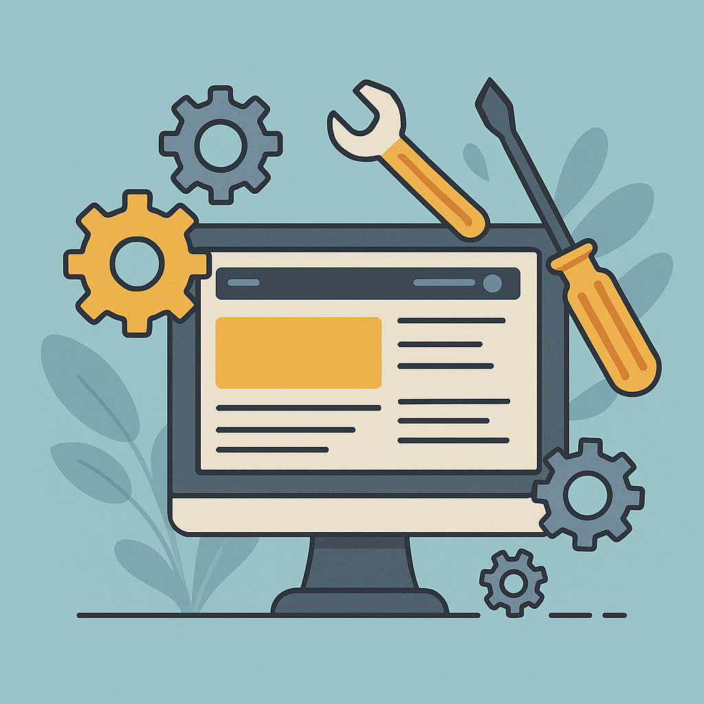 Website maintenance illustration with wrench and gears